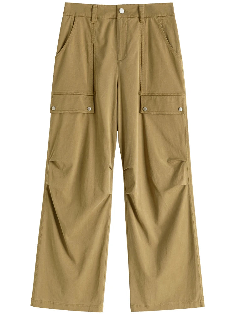 DUSHU Tooling Style Khaki Full Length Pants Pocket Decoration Women Cargo Pant Cotton Black Twill Denim Pant Female 2023 Jean