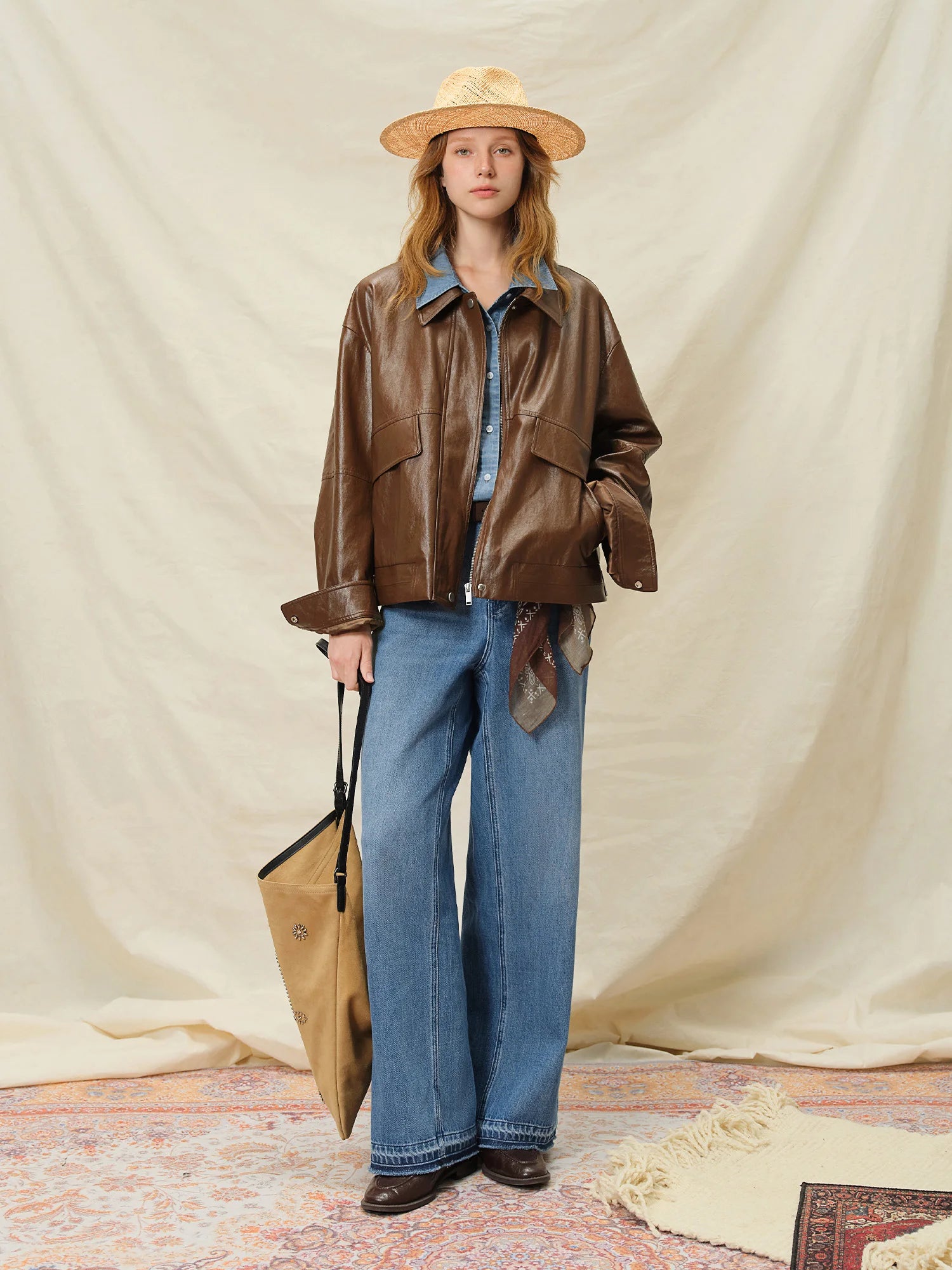 DUSHU Retro Edgy Vibe 2025 Women's Two-Tone Faux Leather Jacket - Vintage Inspired Cropped Biker Coat for Office Casual
