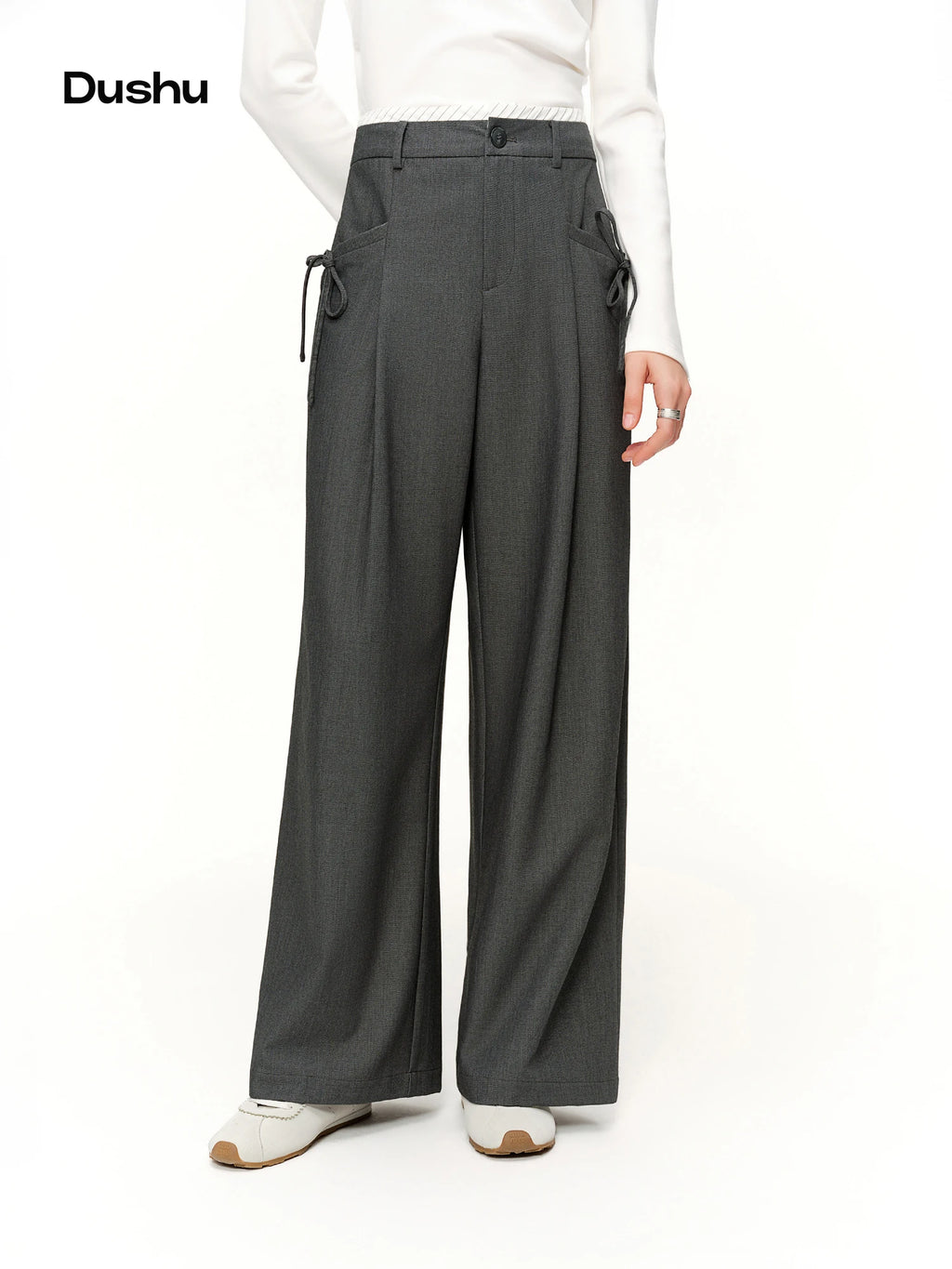 DUSHU 2026 Spring Women's Stripe Panel High Waist Straight Leg Pants - Elegant Casual Trousers with Contrast Trim for Daily