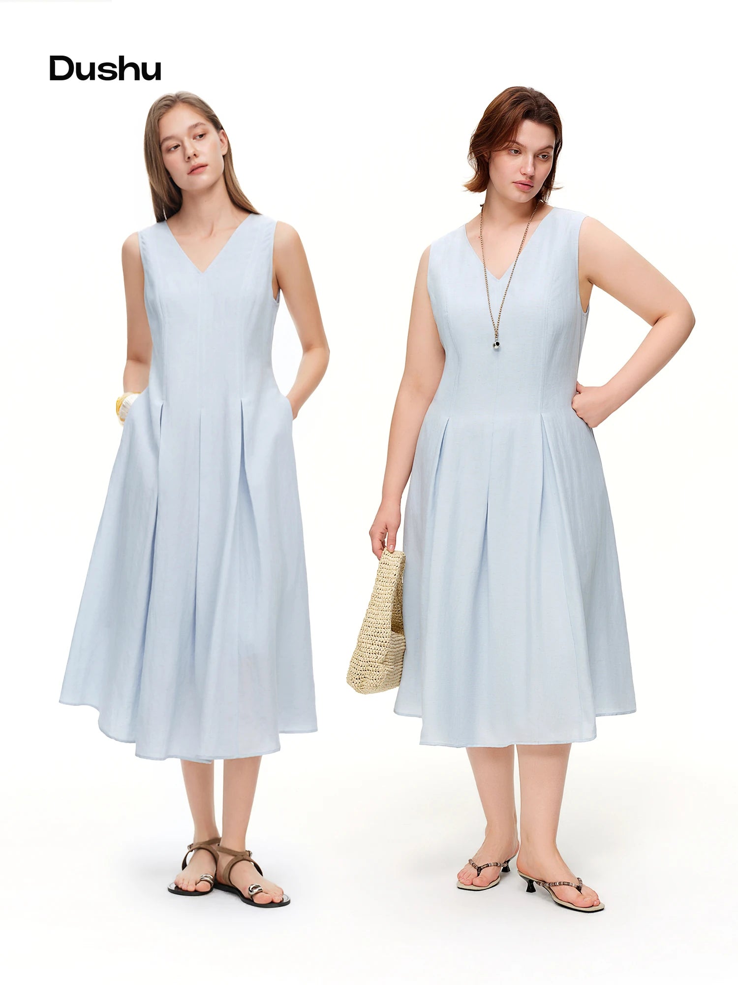 DUSHU 2026 Spring Women's Two-Tone Waist-Defining Sleeveless Maxi Dress - Linen Blend Elegant Long Dress for Vacation