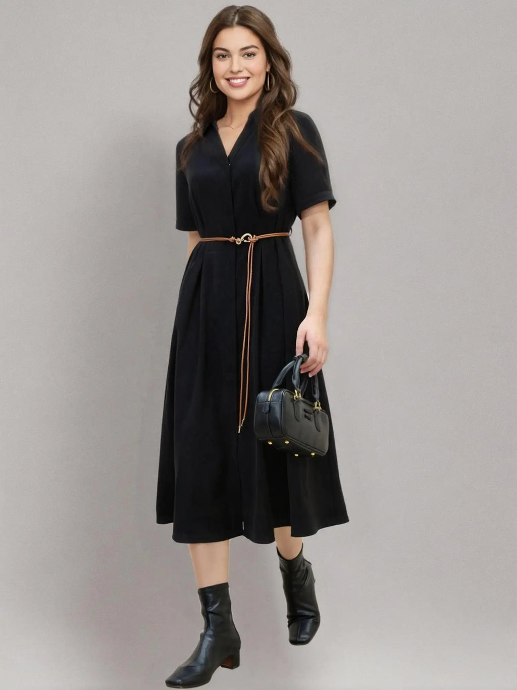 DUSHU【3 Colors】Women Turn-down Collar Shirt Dresses Pleated Design High Waist Commuter Long Dress Without Sashes 25DS82467