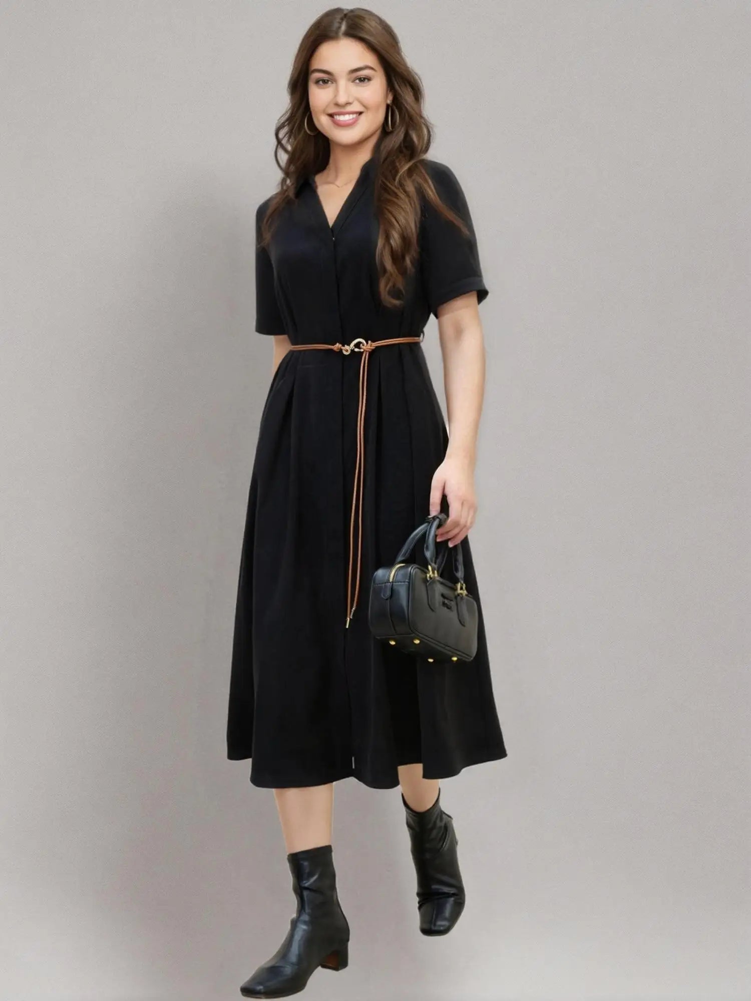 DUSHU【3 Colors】Women Turn-down Collar Shirt Dresses Pleated Design High Waist Commuter Long Dress Without Sashes 25DS82467