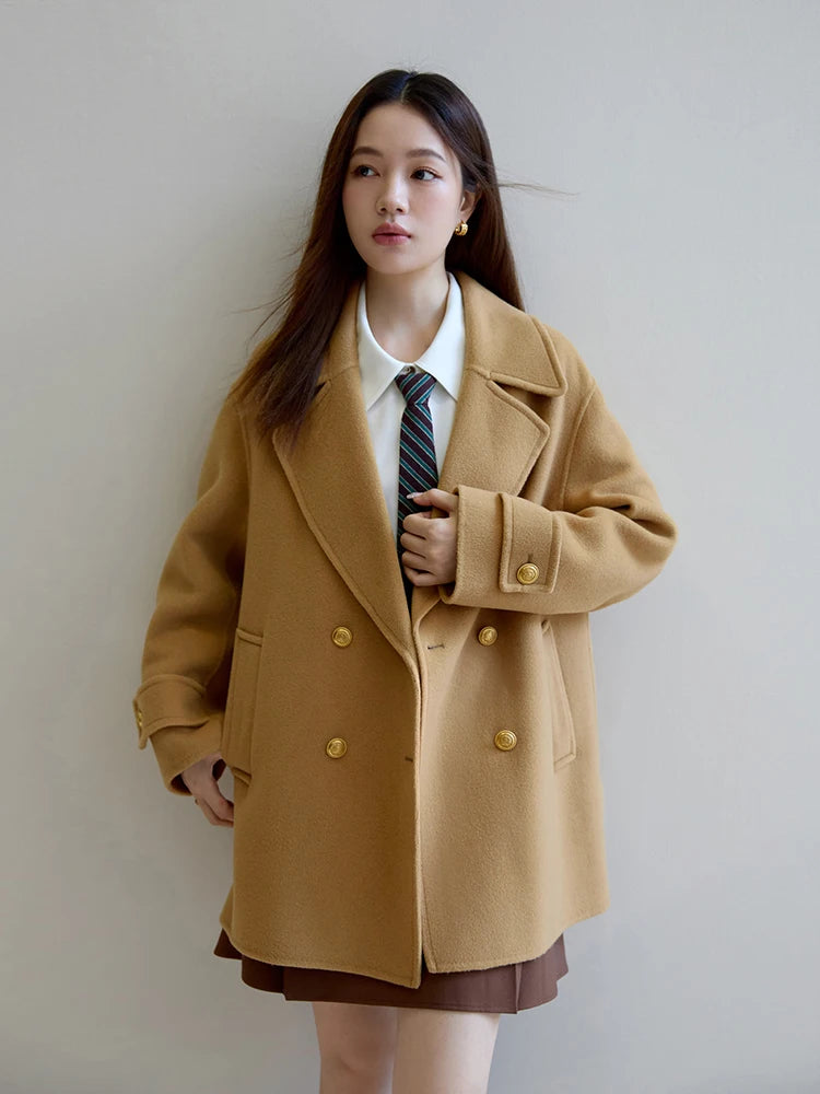 DUSHU Retro British Style One-hand Length Double-sided Woolen Coat for Women 2023 Winter New Solid Color 100% Wool Coats Female