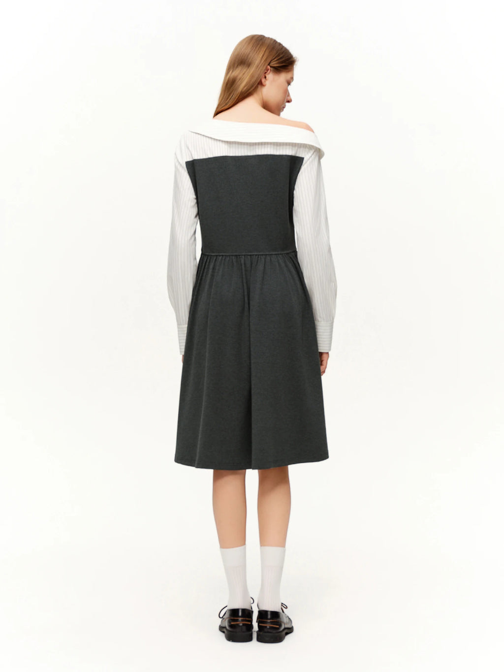 DUSHU Commuting Style U-Neck Stripe Dress 2026 Spring New Arrival Collection Two-Piece Illusion Asymmetric Hemline Design Dress