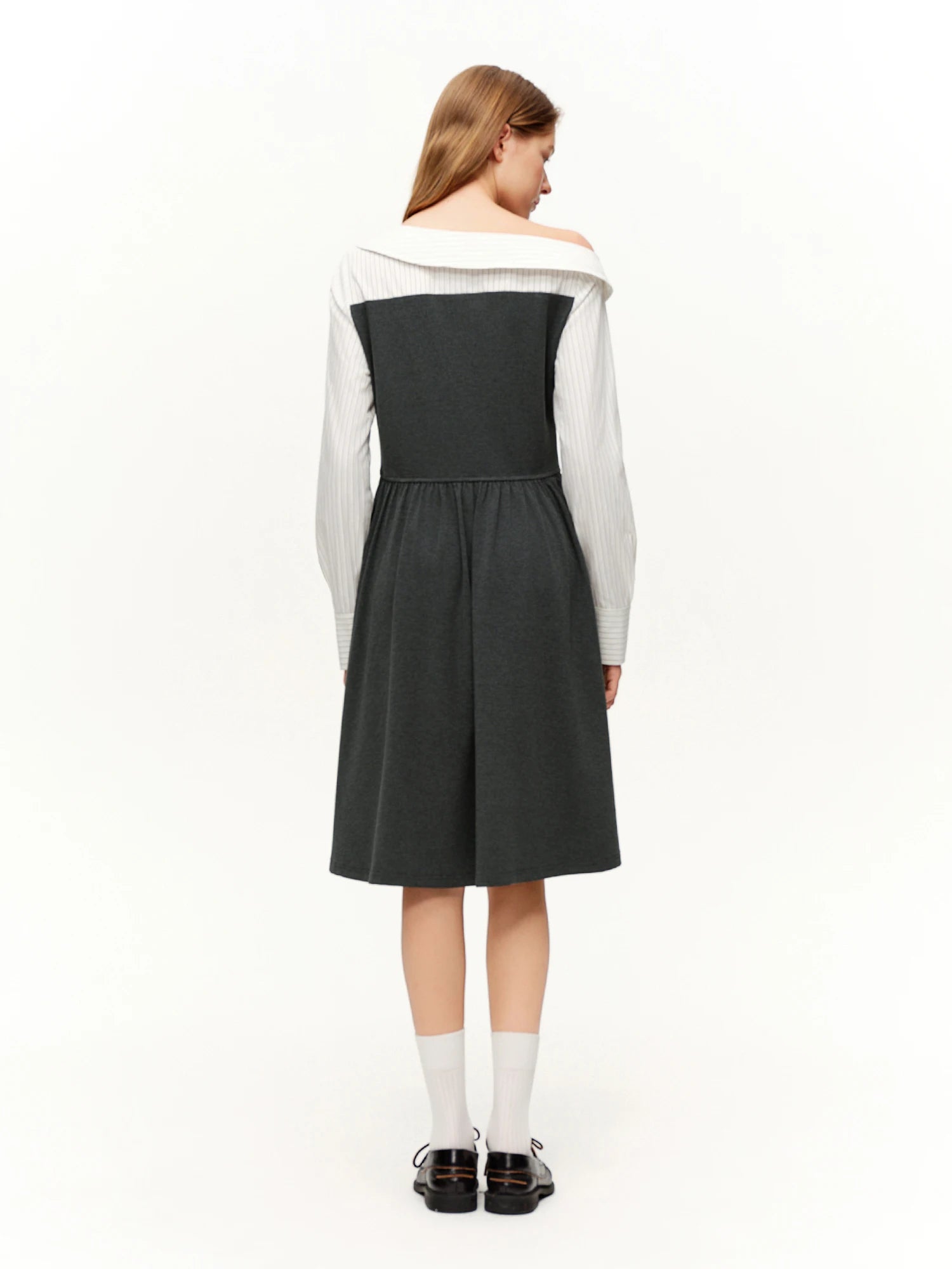 DUSHU Commuting Style U-Neck Stripe Dress 2026 Spring New Arrival Collection Two-Piece Illusion Asymmetric Hemline Design Dress