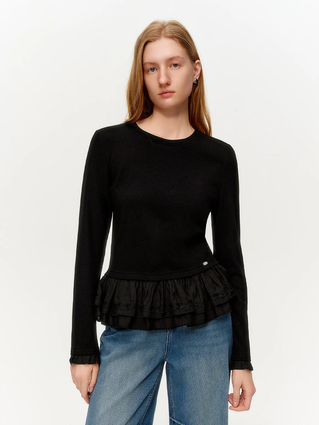 DUSHU Spring Women's Round Neck Ruffle Trim Knitted T-Shirt - Flattering Ribbed Texture Base Layer for Casual and Layering Wear