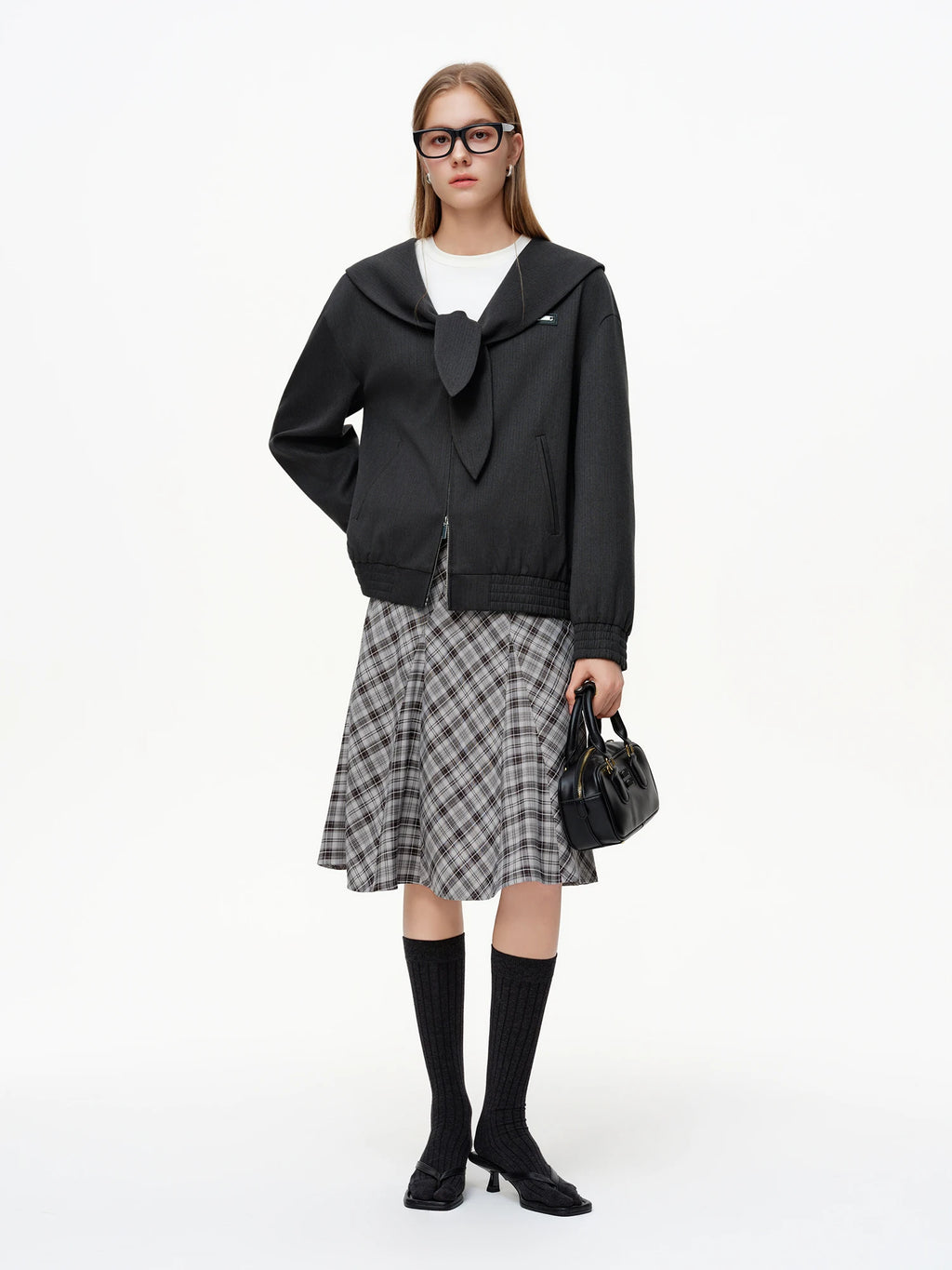 DUSHU Women's Plaid A-Line Midi Skirt 2026 Spring Diagonal Panel Slim Fit Preppy Style Retro Classic Irregular Design Commuting