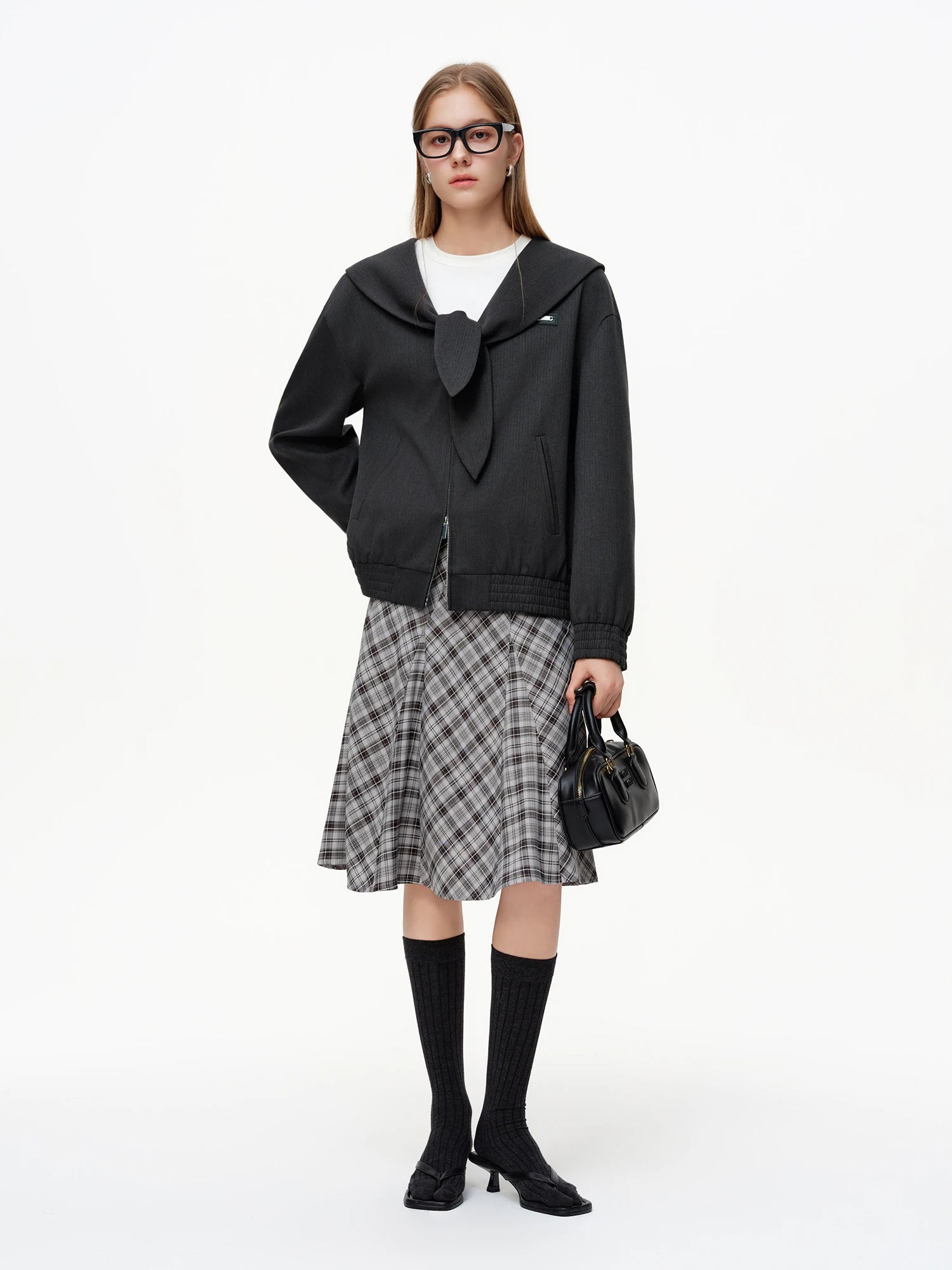 DUSHU Women's Plaid A-Line Midi Skirt 2026 Spring Diagonal Panel Slim Fit Preppy Style Retro Classic Irregular Design Commuting