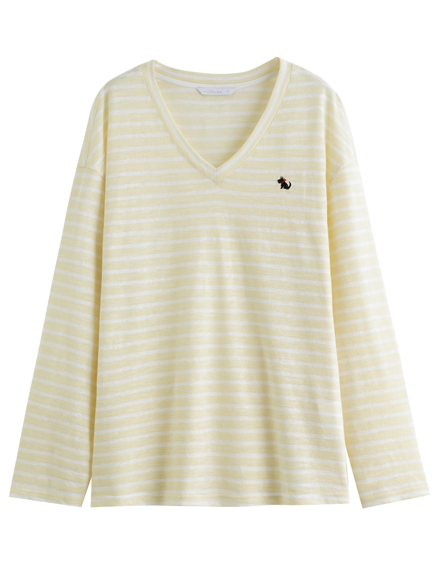 DUSHU Women's Embroidered Small Dog V-Neck Long Sleeve Cover-Up - Summer 2025 New Arrival Fashion Commute T-Shirt 25DS82739