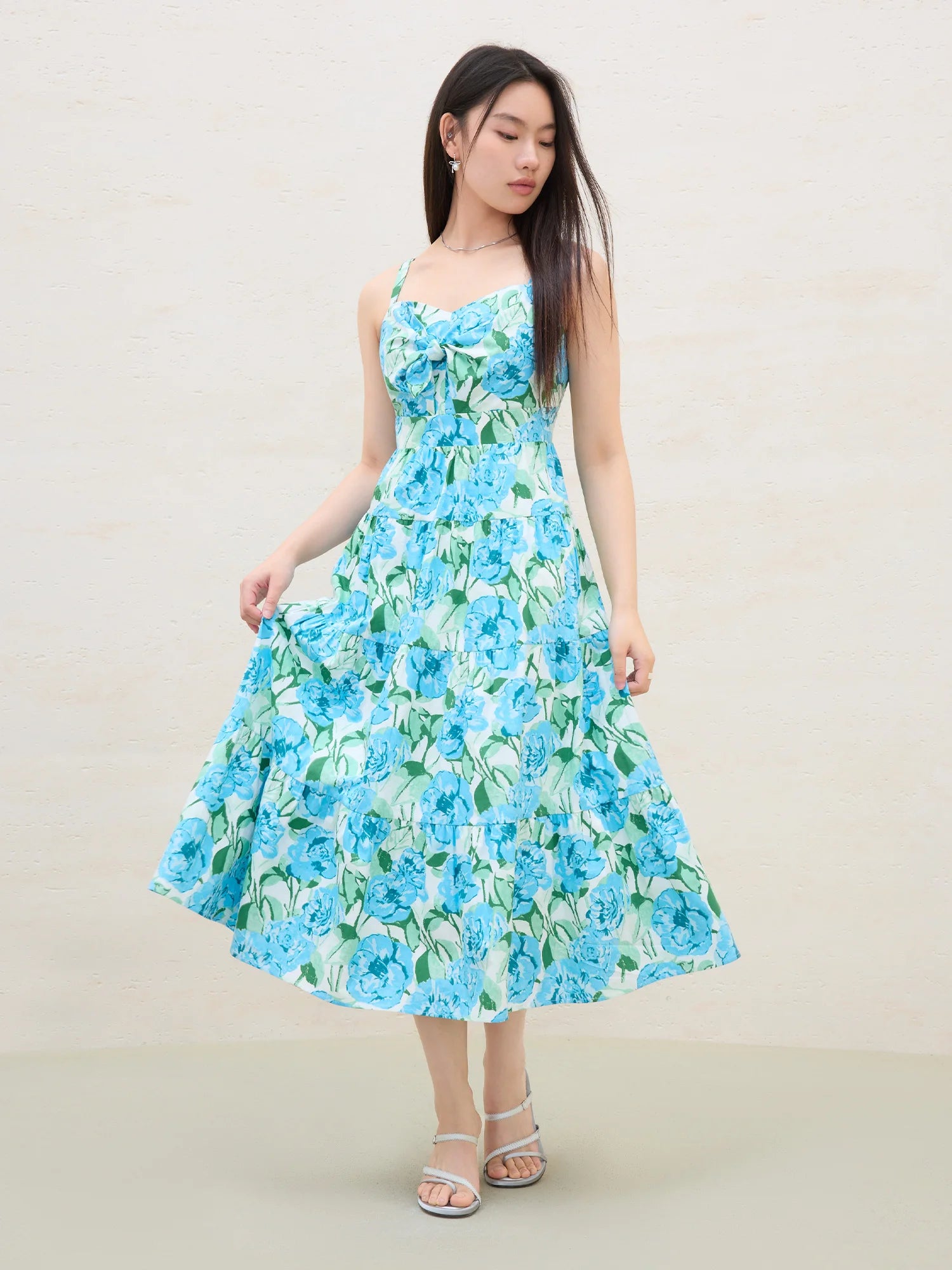 DUSHU Plus Size Women's 【Holiday Blue Rose】 French Holiday-Style A-Line Dress for 2025 Summer 25DS82217