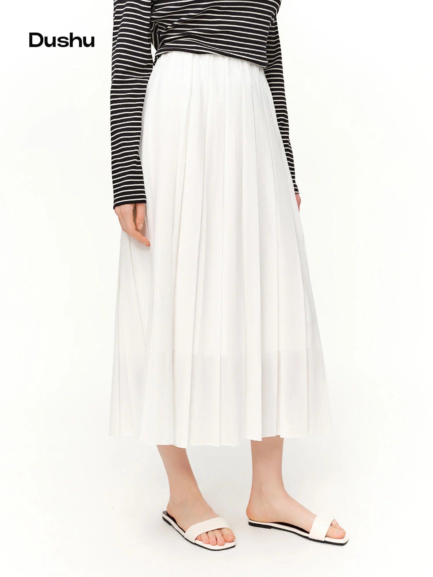DUSHU 2026 Spring Women's A-Line Pleated Midi Skirt - Elegant Flowly Long Skirt with High Waist for Casual and Office Wear