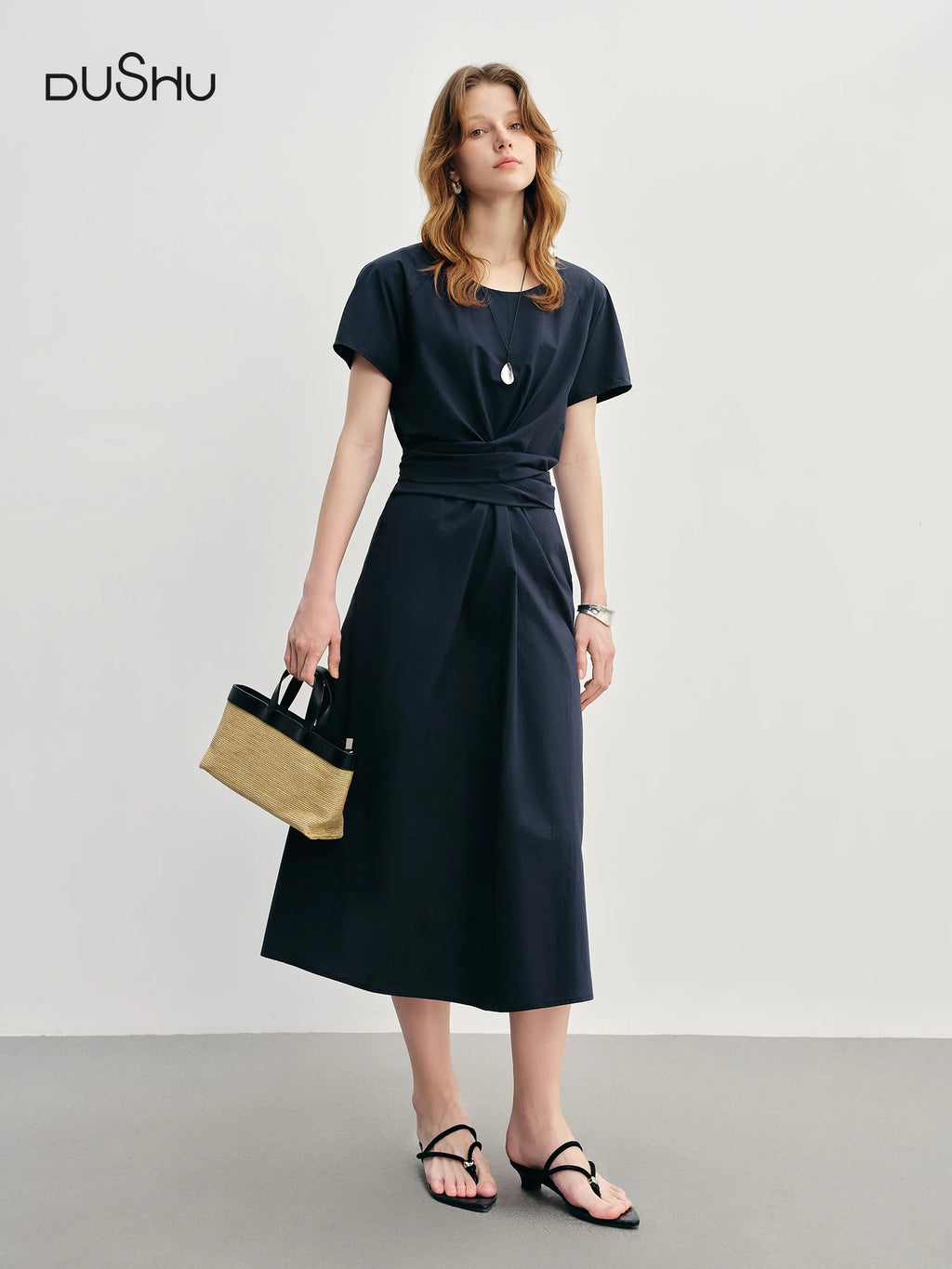 DUSHU Women's Pleated Tie HIgh Waist Mid-length Dress For Women 2025 Summer New Waist Slimming Irregular Dress 25DS88012