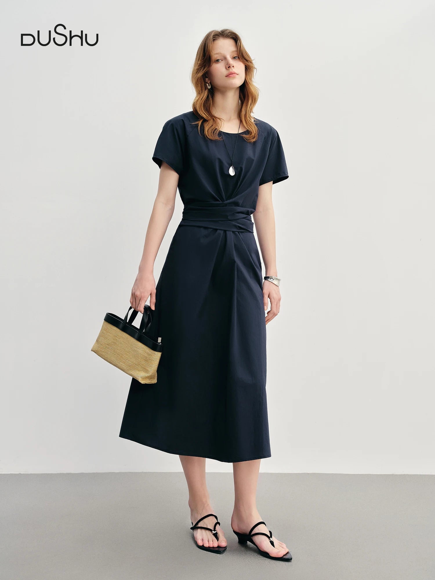 DUSHU Women's Pleated Tie HIgh Waist Mid-length Dress For Women 2025 Summer New Waist Slimming Irregular Dress 25DS88012
