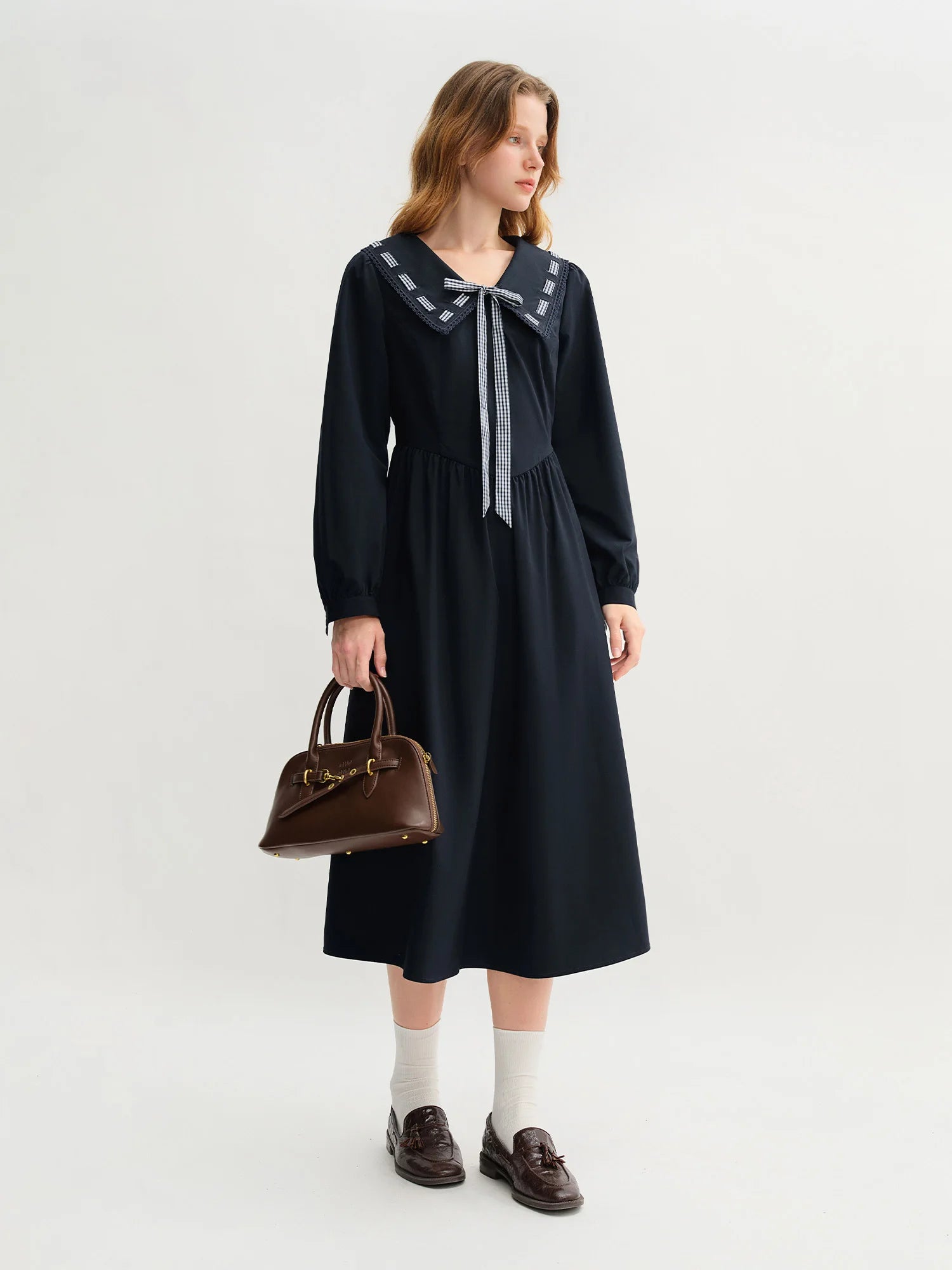 DUSHU Plus Size Women's College Style Navy Collar Ribbon Dress 2025 Autumn New Arrival High Waist Slimming Dress 25DS83299