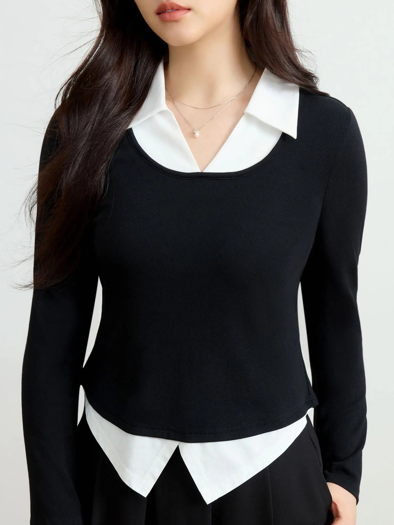 DUSHU【3 Colors】Women Spring Long Sleeve Tops Contrasting Color Female Commuter Black Knit Top Slim Long Sleeve T-Shirt 25DS81186