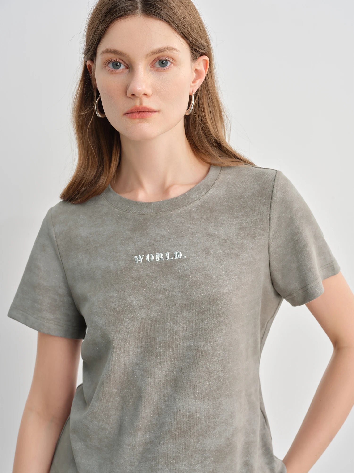 DUSHU Plus-Size Women's Vintage Dyed Letter Print Fitted T-Shirt with Sparkling Details - 2025 Summer Collection Tees 25DS82709
