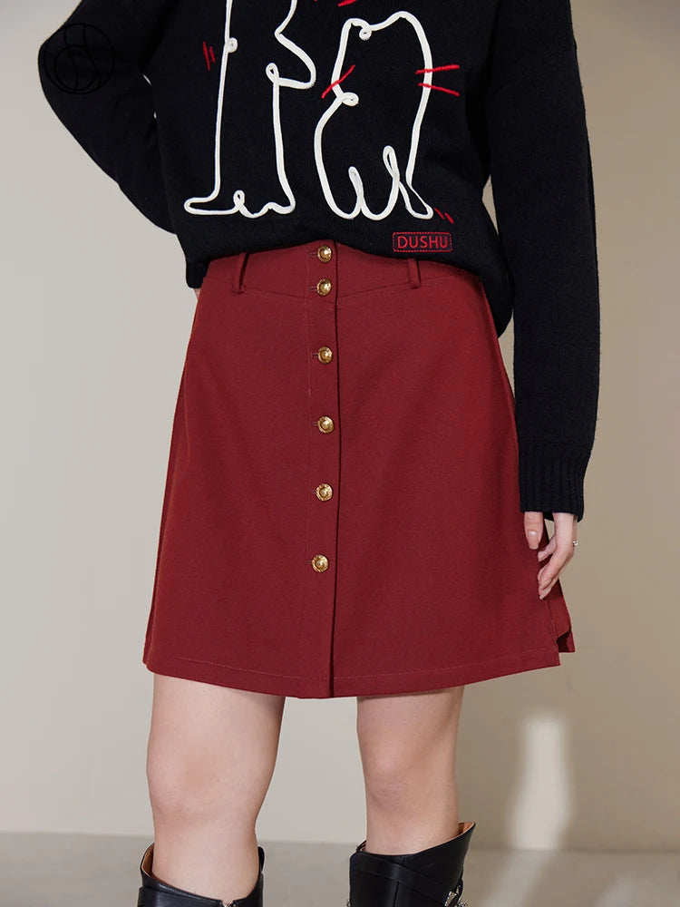 DUSHU Simple Style Elegant 53% Wool A-line Skirt for Women New Winter High-waist Slimming Temperament Mini-skirts Female