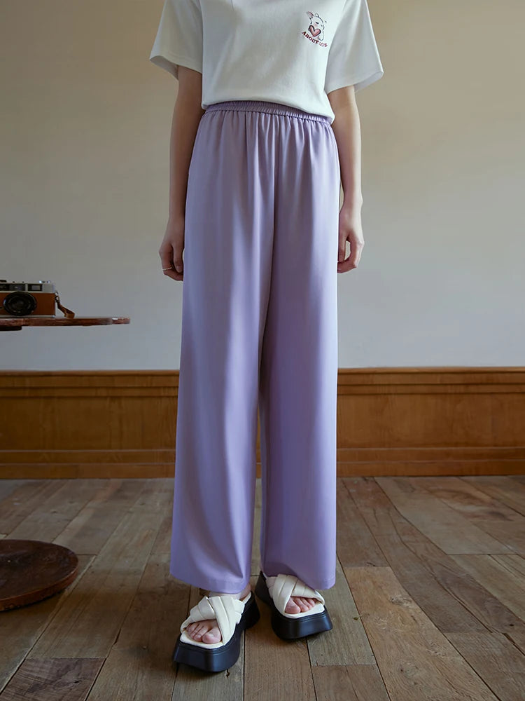 DUSHU Casual All-match Elastic Waist Coolness Pants for Women New Summer Wear Basic Straight Mopping Solid Color Pant Female