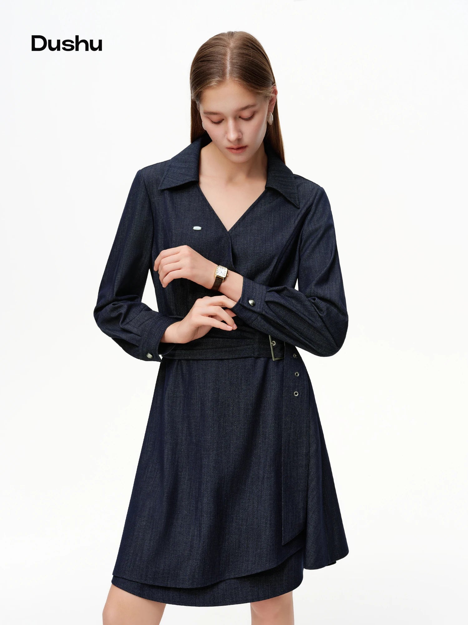 DUSHU Fashion Commute Wrap Dress with Waist Tie Slim Fit Long Sleeve Bodycon Midi Dress, Office Chic Designer Women Dress
