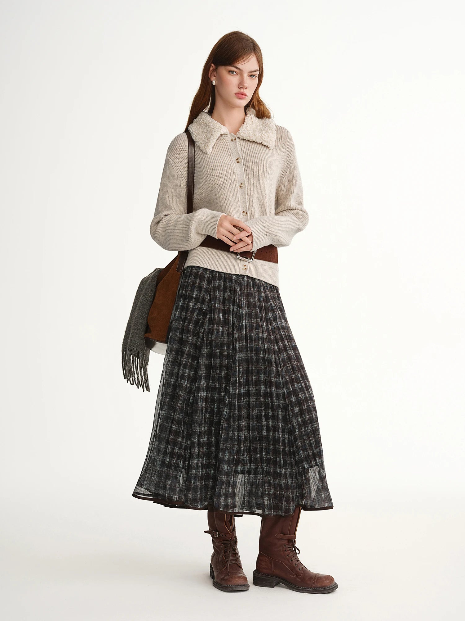 DUSHU Blue Brown Plaid Tulle Pleated Plaid Midi Skirt Women A-line Irregular Midi Skirt for Winter Vintage Fairy Personality Ins
