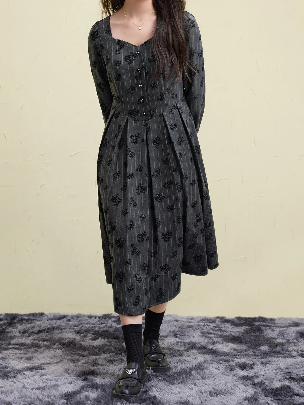 DUSHU Women Winter Print Dress Thicken Warm Female Winter Grey Puff Long Sleeve Dress X-LINE Square Neck Dresses 24DS84507