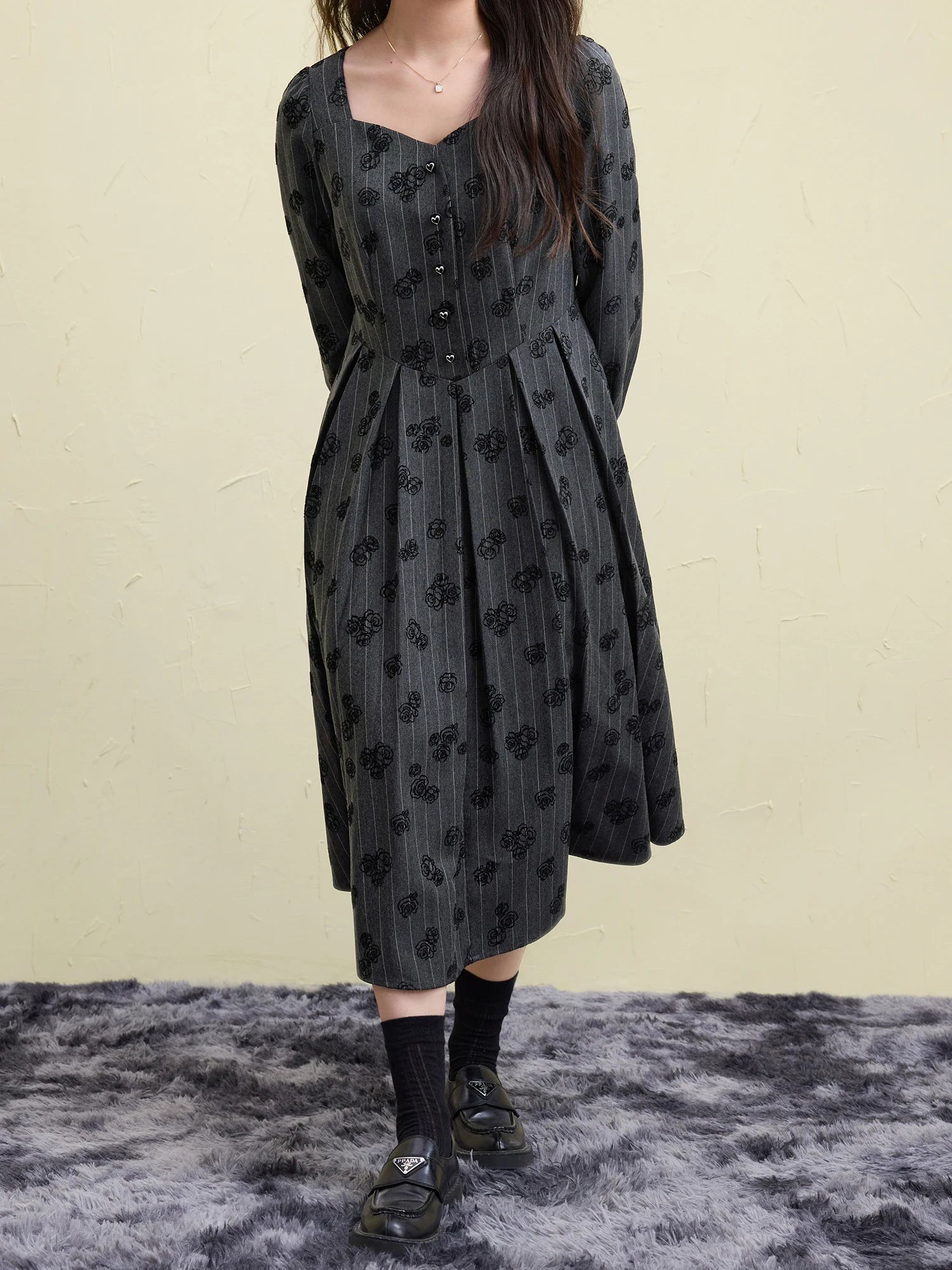 DUSHU Women Winter Print Dress Thicken Warm Female Winter Grey Puff Long Sleeve Dress X-LINE Square Neck Dresses 24DS84507
