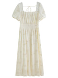 FSLE Summer 2025 Women's Square Neck Dress - Floral Embroidered Tea Length Relaxed Fit Maxi with Flutter Sleeves