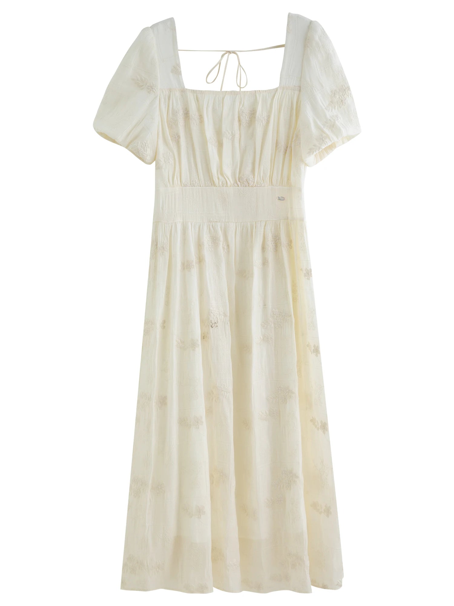 FSLE Summer 2025 Women's Square Neck Dress - Floral Embroidered Tea Length Relaxed Fit Maxi with Flutter Sleeves