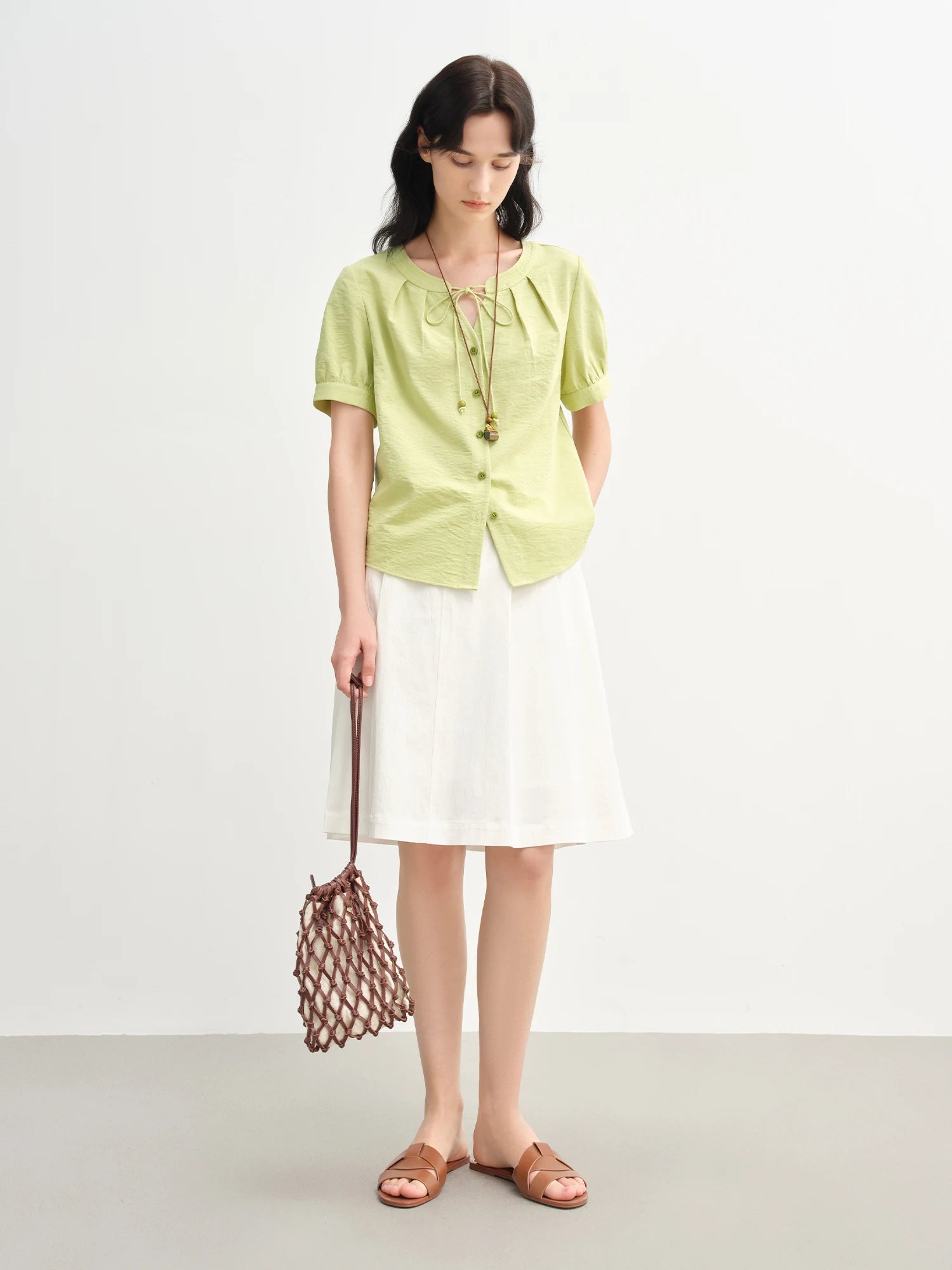 DUSHU 2025 Summer Women's Curve-Flattering H-Line Shirt - Botanical Tie-Waist & Breathable Linen for Effortless Chic