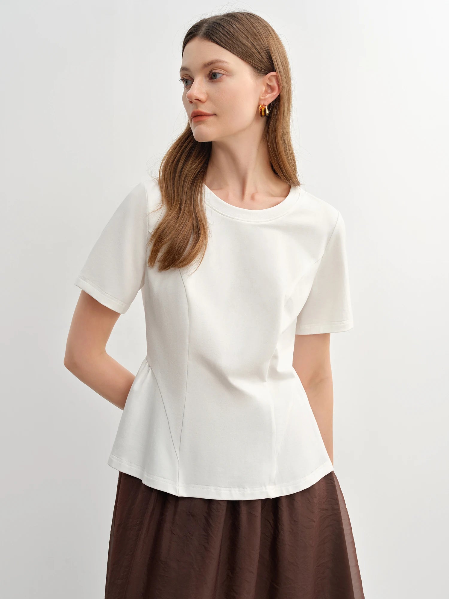 DUSHU Plus Size Women's  Princess Line Split Curved Hem Pleated Slimming T-Shirt New Arrival Tees Tops 25DS82926