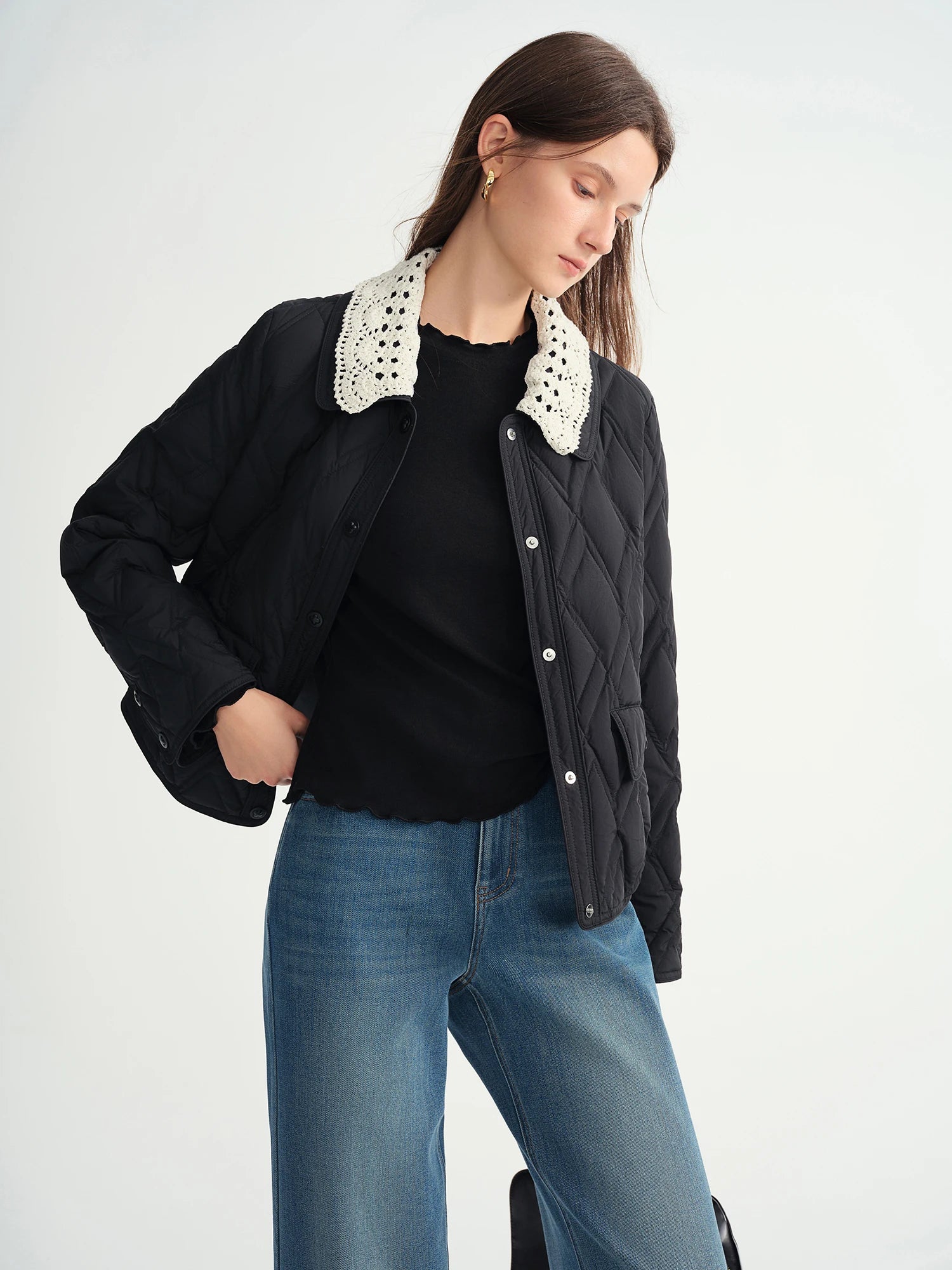 DUSHU Plus Size Women's Cream Quilted Down Coat with Crochet Lace Collar Winter 2025 Fashion Warm Short Puffer Jacket Outerwear