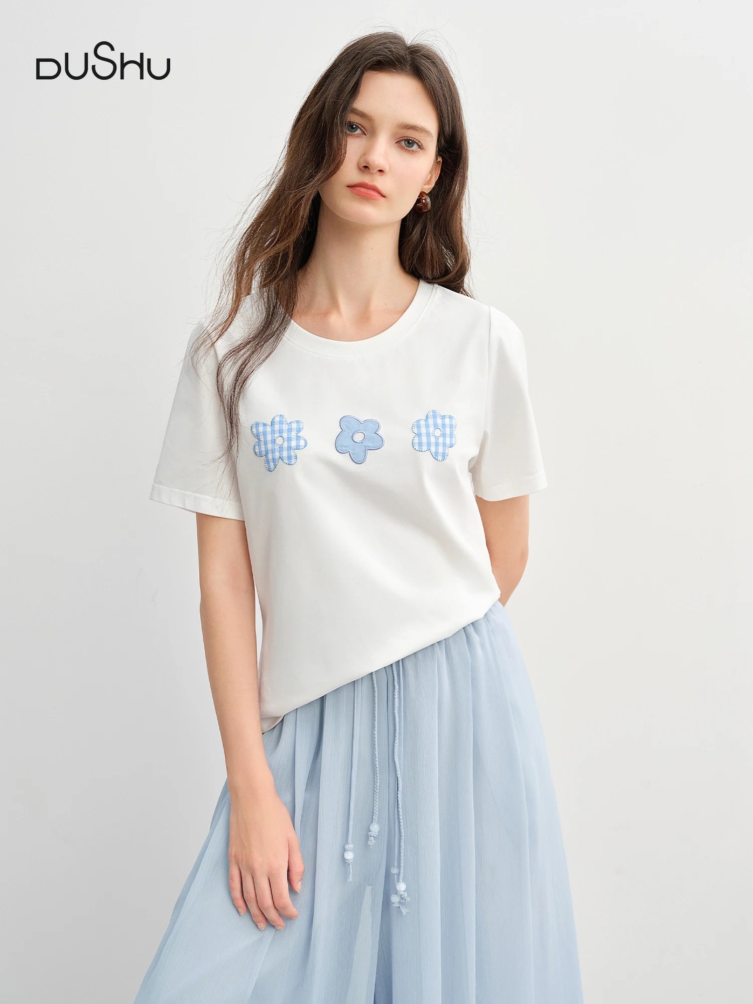 DUSHU Plus Size Women's Summer 2025 Fun Flower Cool Sensation Straight H-style Round Neck T-shirt  Tops 25DS82973