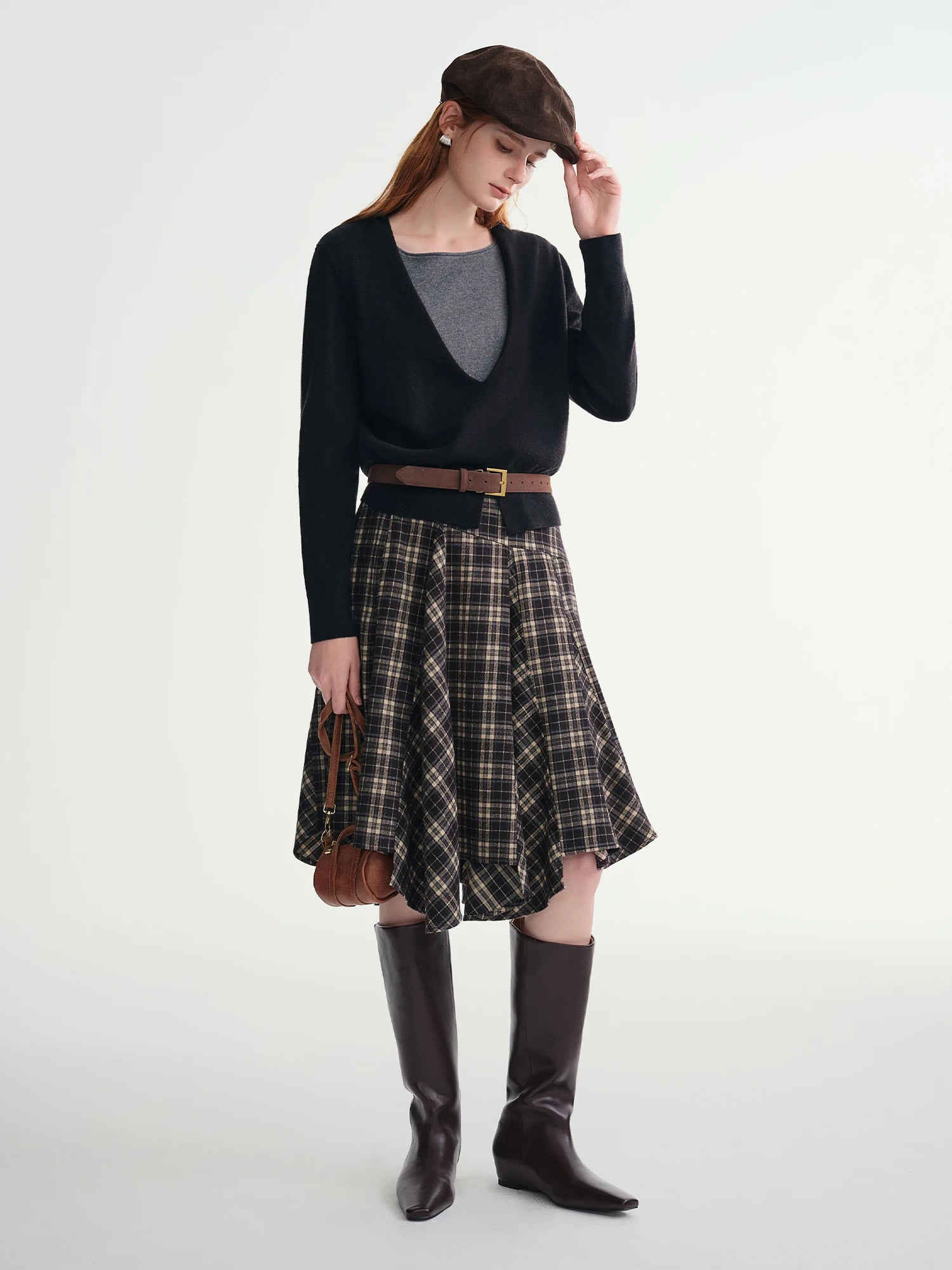 DUSHU Irregular A-line Skirt 2025 Winter Skirt Women Vintage American Style Plaid Streetwear Leisure Mid-length Y2k