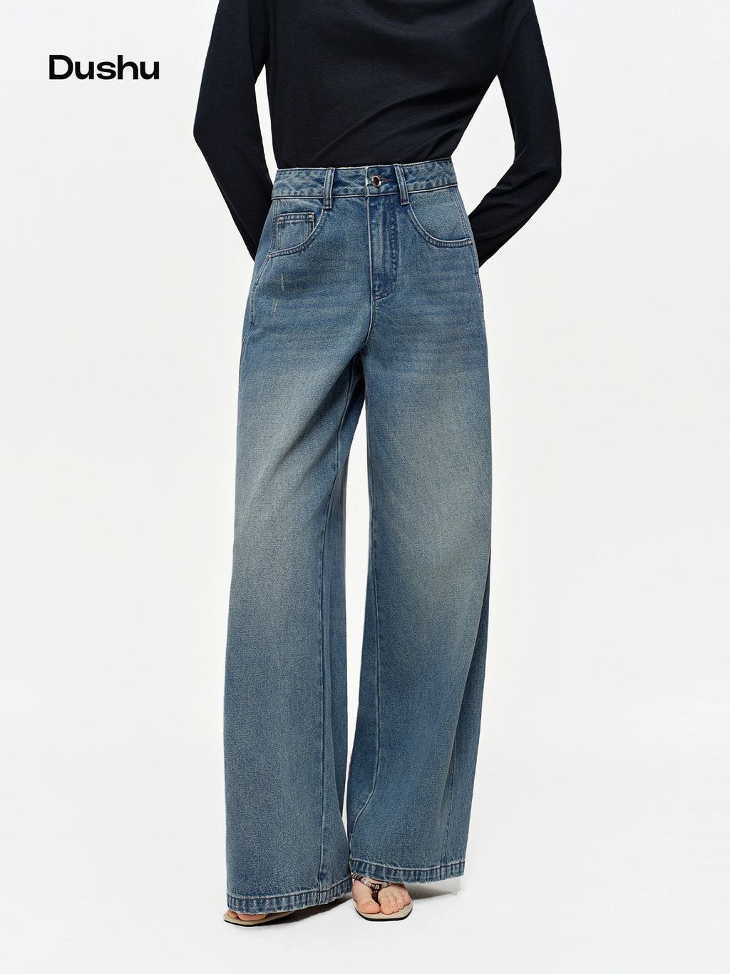 DUSHU 2026 Spring Exclusive Retro High Waist Jeans Blue Washed Cotton Curved Line BF Baggy Straight Pants