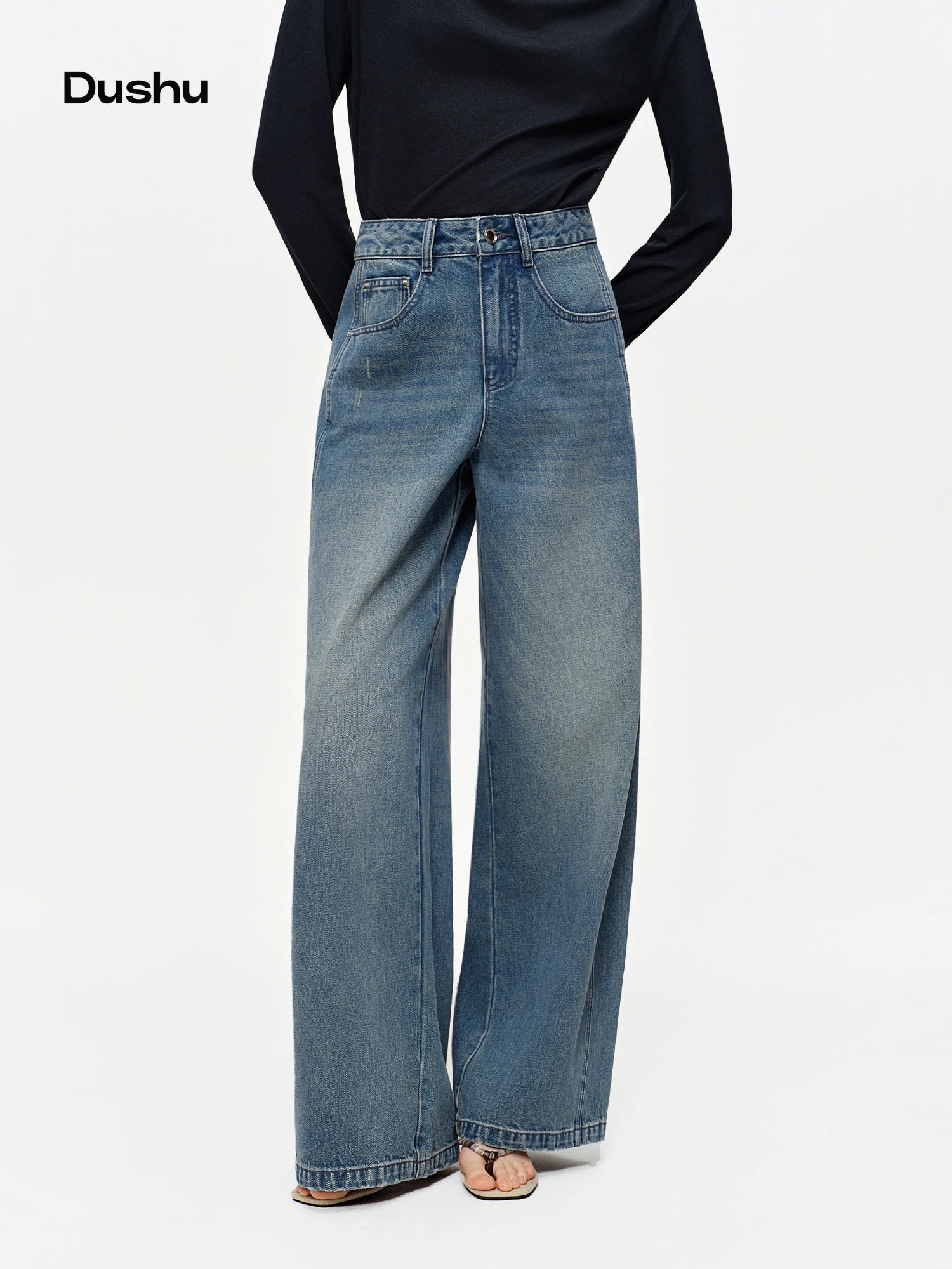 DUSHU 2026 Spring Exclusive Retro High Waist Jeans Blue Washed Cotton Curved Line BF Baggy Straight Pants