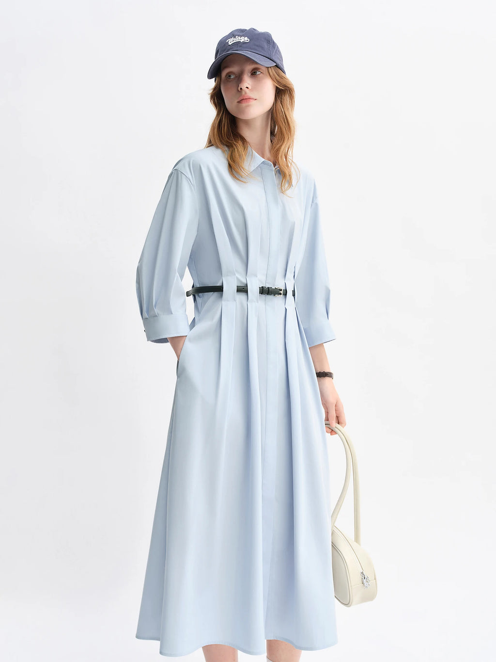 DUSHU Women's Shirt Dress Autumn 2025 New Vertical Striped Pleated Design Pear-shaped Mid-length Dress with Belt 25DS83125