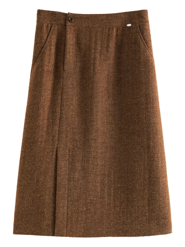 DUSHU 100% Wool Oblique Placket Straight Tube Skirt Versatile Winter Style High Waisted Short Skirt High Waist Solid Skirts
