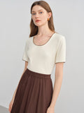 DUSHU Women's Clothing Contrast Color Embroidered Lace Short Sleeve T-shirt 2025 Casual Simple Tops Slim 25DS82752