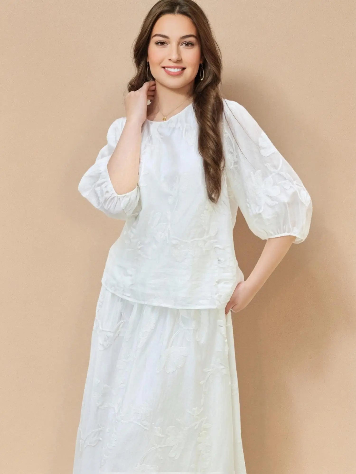 DUSHU Women Summer Sets Female White Three-quarter Sleeves Embroidered Tops Elastic Waist Long Skirt  25DS81320+25DS81321