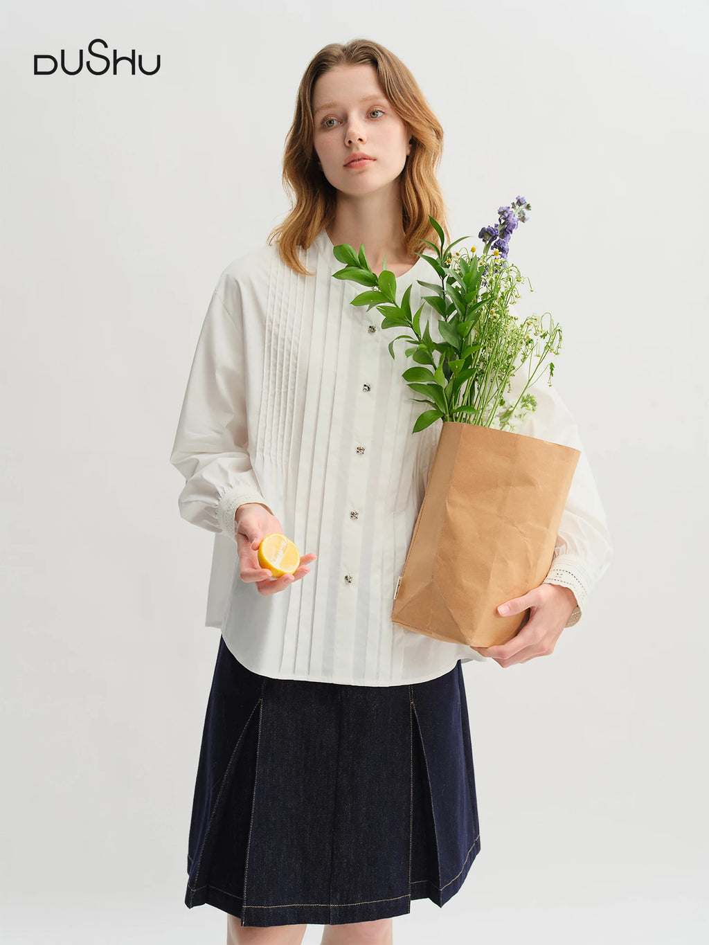 DUSHU Plus Size Women's Autumn 2025 New Design Embroidered Cuff Long Staple Cotton Shirt 25DS83148