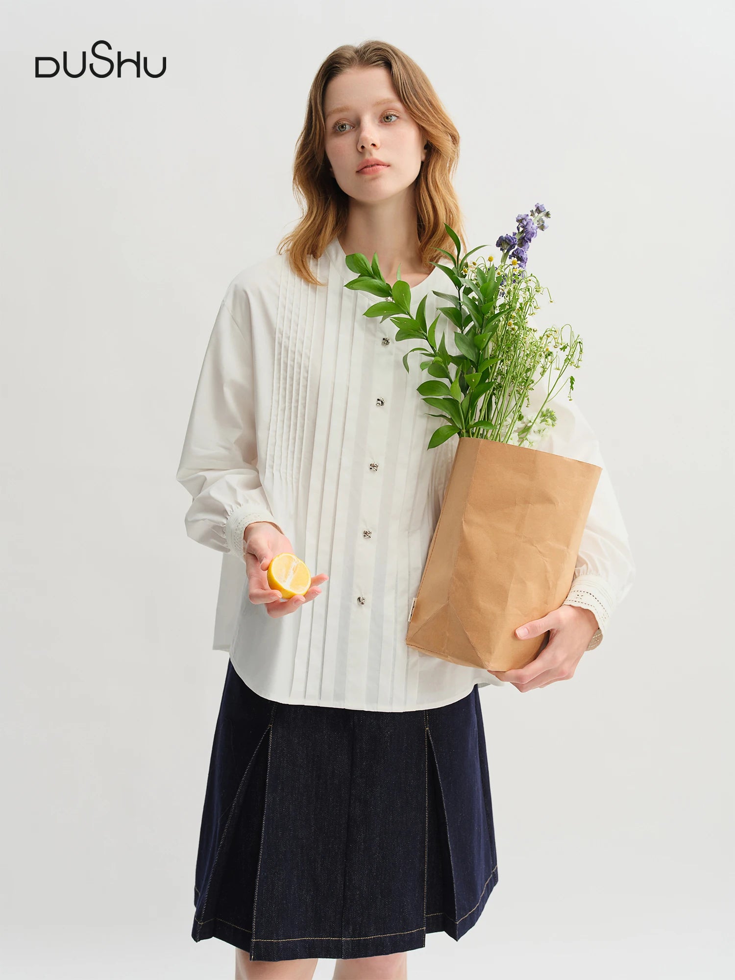 DUSHU Plus Size Women's Autumn 2025 New Design Embroidered Cuff Long Staple Cotton Shirt 25DS83148
