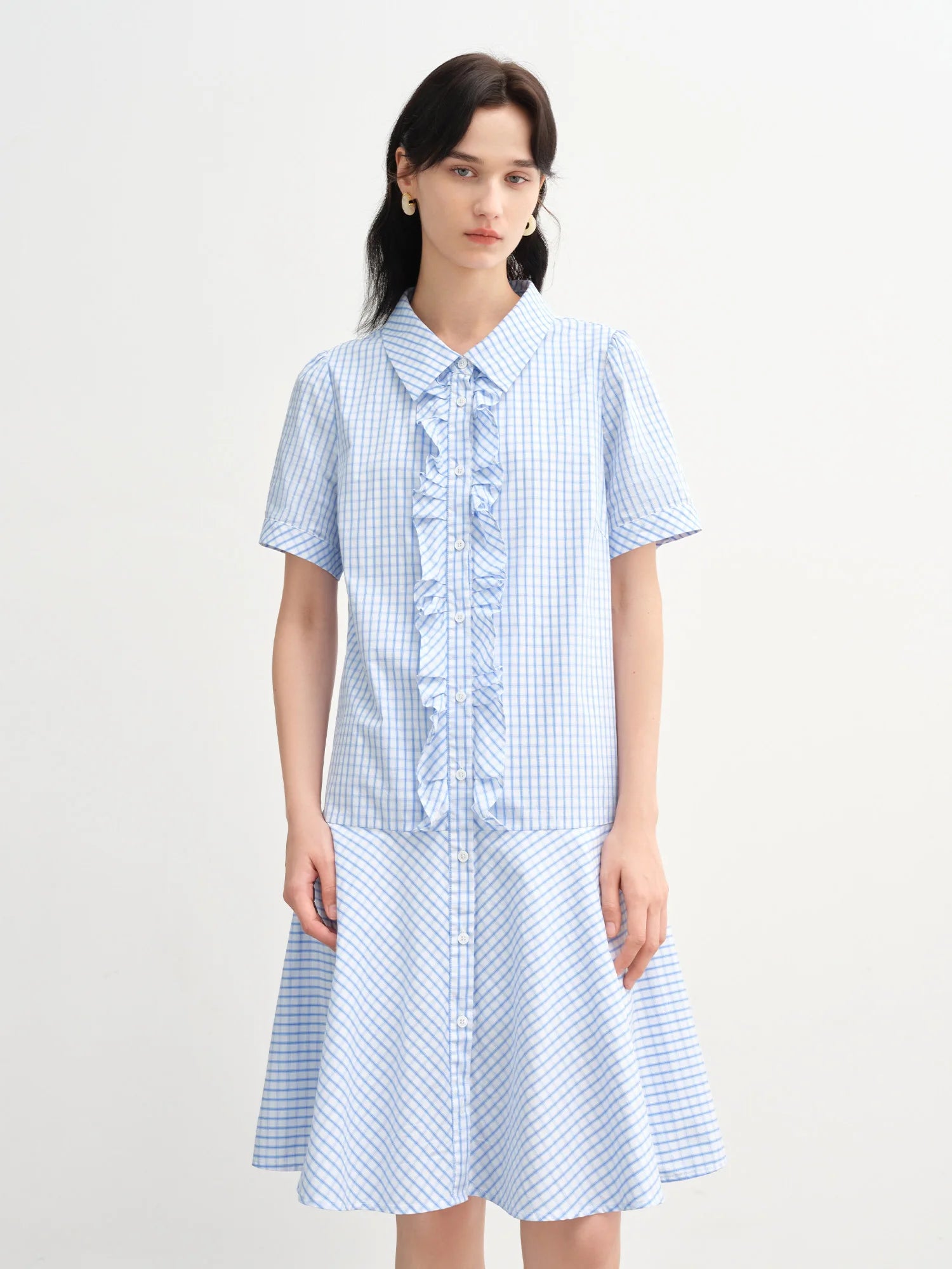 DUSHU Ruffled Decorative Plaid Shirt Dress For Women 2025 Summer New Arrival Commuter Temperament Blue Dress 25DS82381