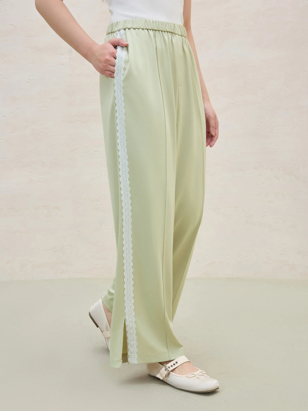 DUSHU 2025 Summer Women's Lace-Trimmed Acetate Pants - Straight Leg & Office Chic Design with Breathable Fabric
