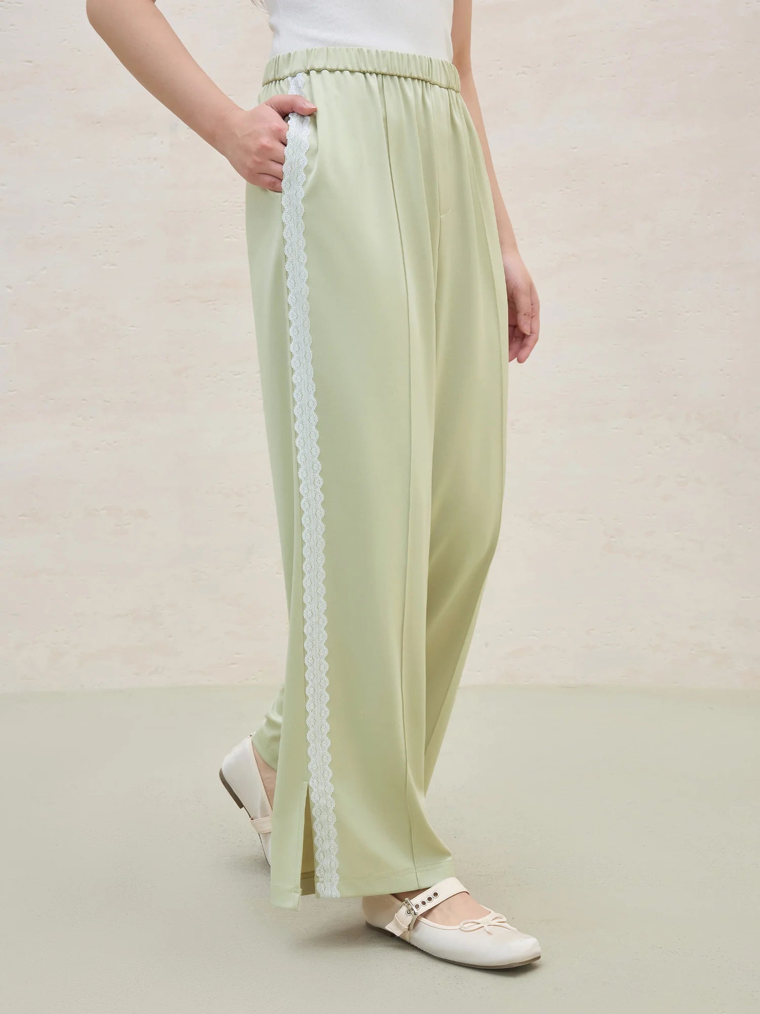 DUSHU 2025 Summer Women's Lace-Trimmed Acetate Pants - Straight Leg & Office Chic Design with Breathable Fabric