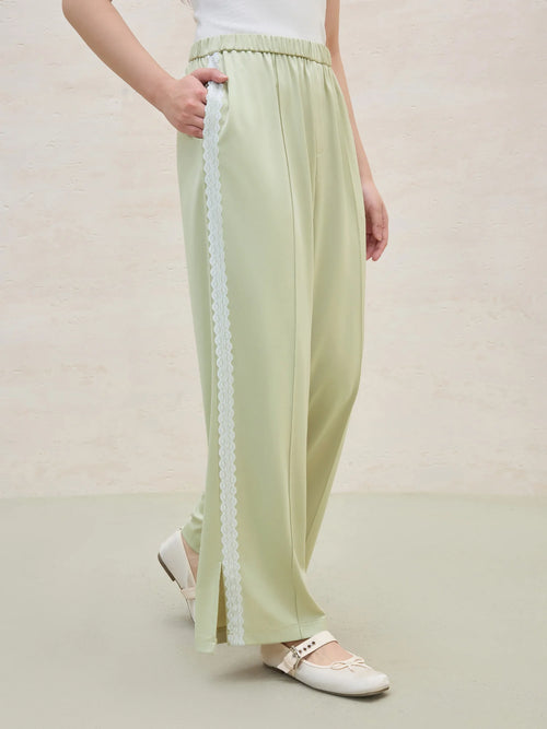 DUSHU 2025 Summer Women's Lace-Trimmed Acetate Pants - Straight Leg & Office Chic Design with Breathable Fabric
