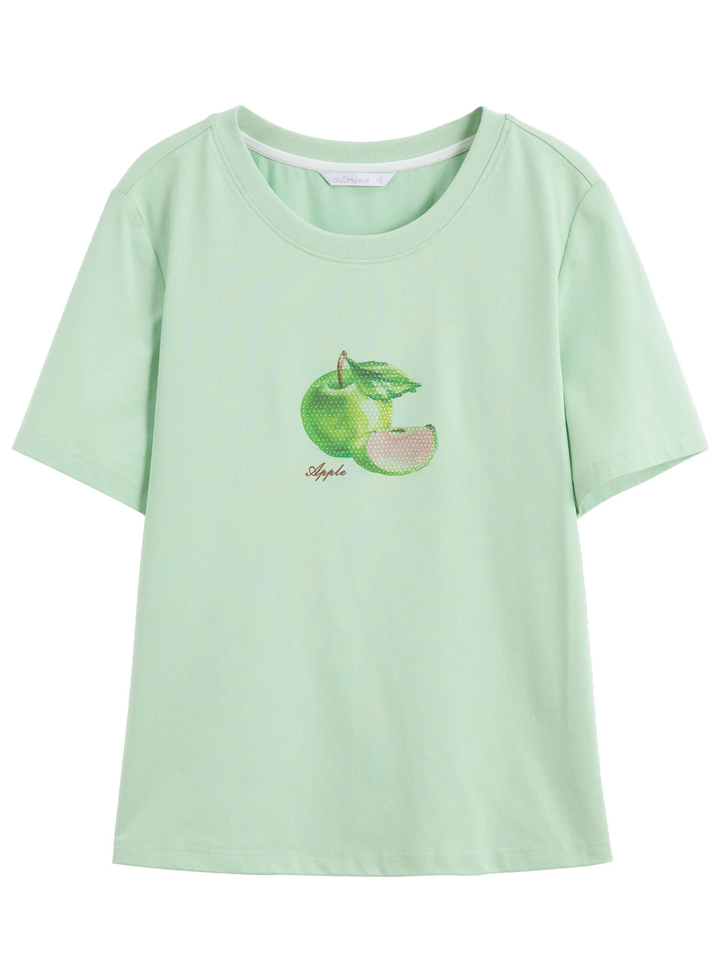 DUSHU 2025 Summer Women's Fruit Print Crystal T-Shirt - Dual-Tone Design & Breathable Cotton Blend for Casual Chic Style