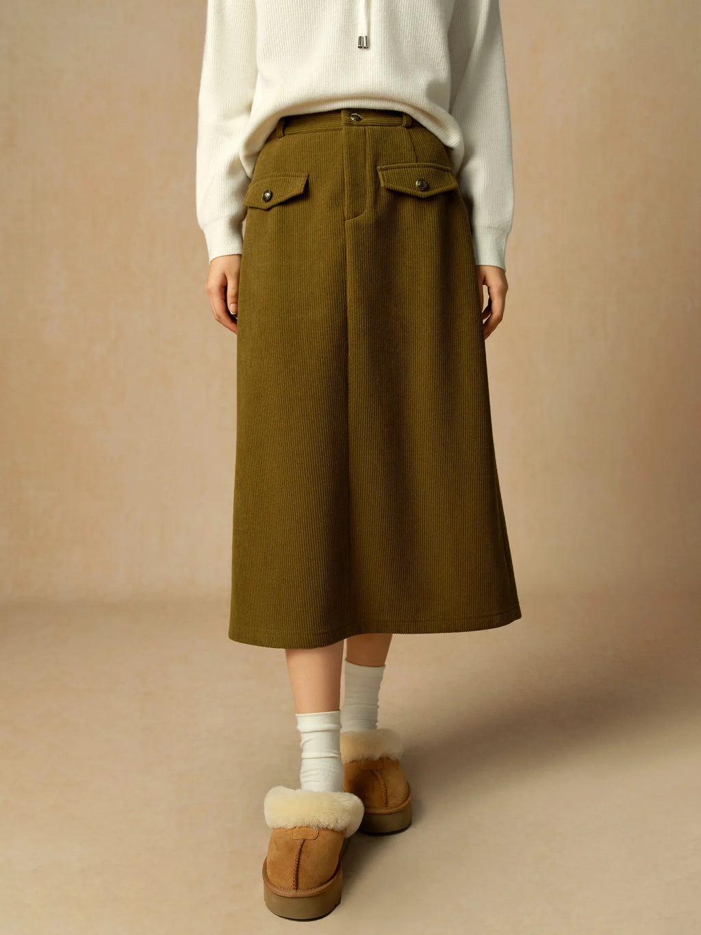 DUSHU【2 Length】Women Winter Corduroy Long Skirt Thicken Lining Fleece Female Brown Mini Skirts Women Skirt 24DS84373+24DS84273