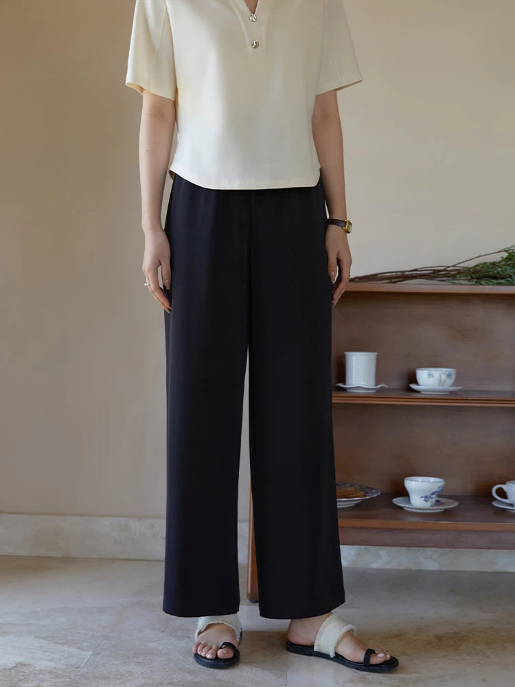DUSHU Casual All-match Elastic Waist Coolness Pants for Women New Summer Wear Basic Straight Mopping Solid Color Pant Female