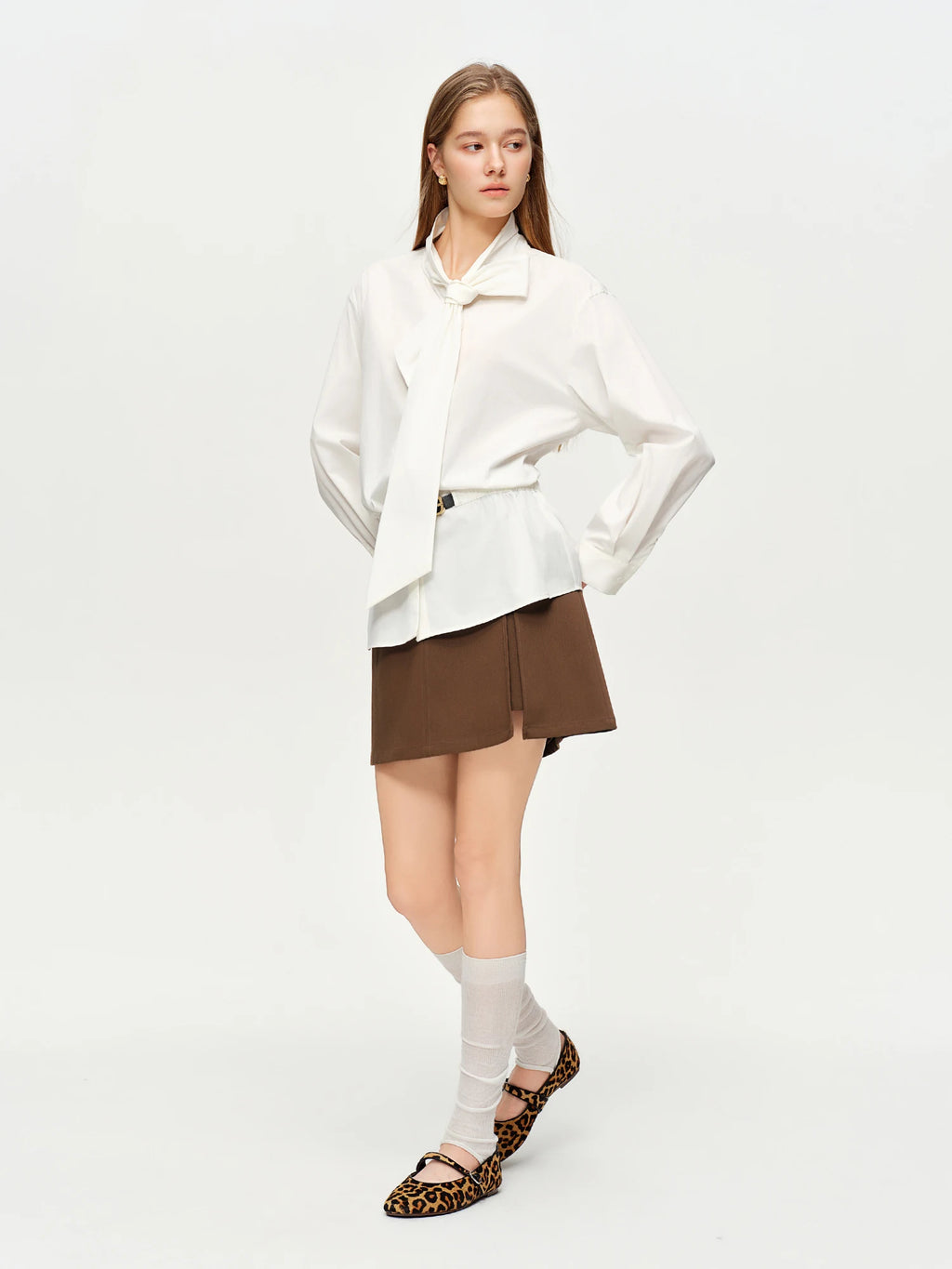 DUSHU Soft Mist Gentle Breeze Women's Blouse Stylish Belted Waist-Cinching Tie-Front White Shirt 2026 Spring New Arrival Shirts