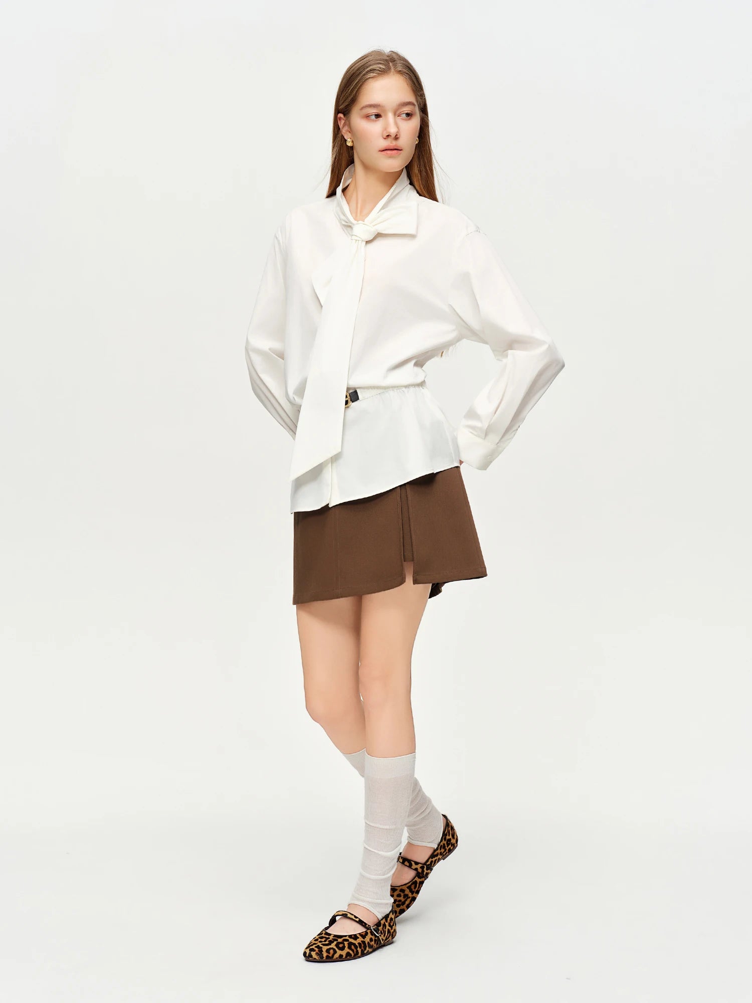 DUSHU Soft Mist Gentle Breeze Women's Blouse Stylish Belted Waist-Cinching Tie-Front White Shirt 2026 Spring New Arrival Shirts